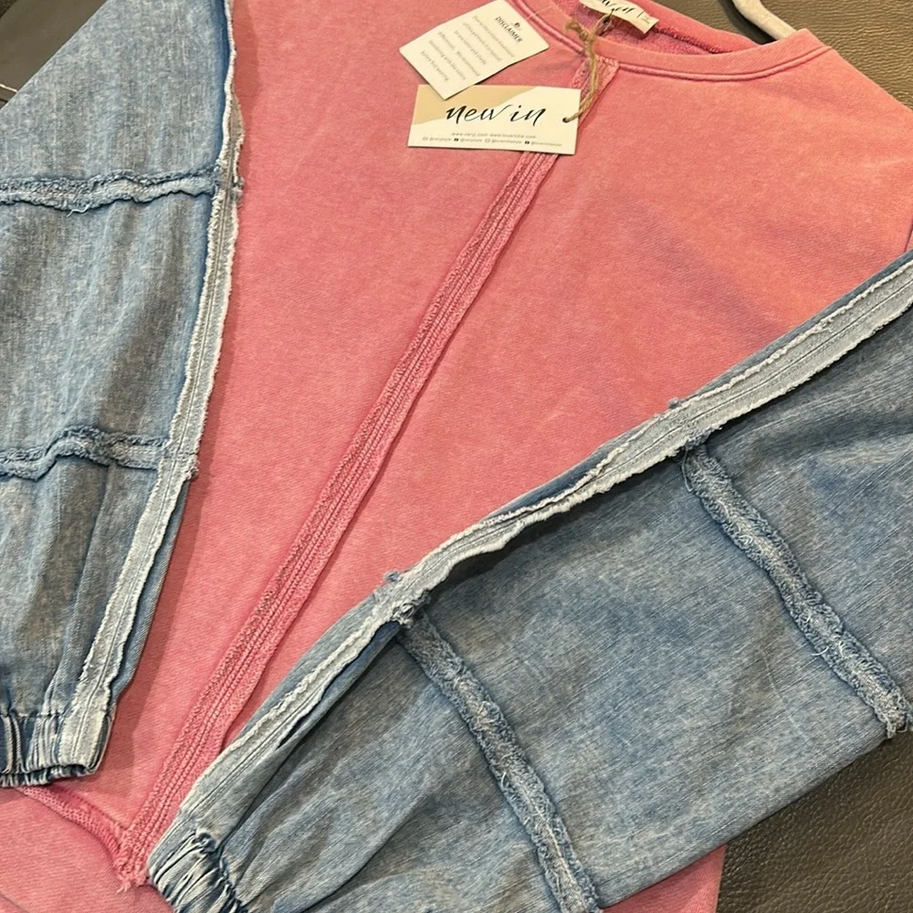 Rose Pink and denim Blue Long Sleeve Sweatshirt Top, size S, NWT - Picture 5 of 6